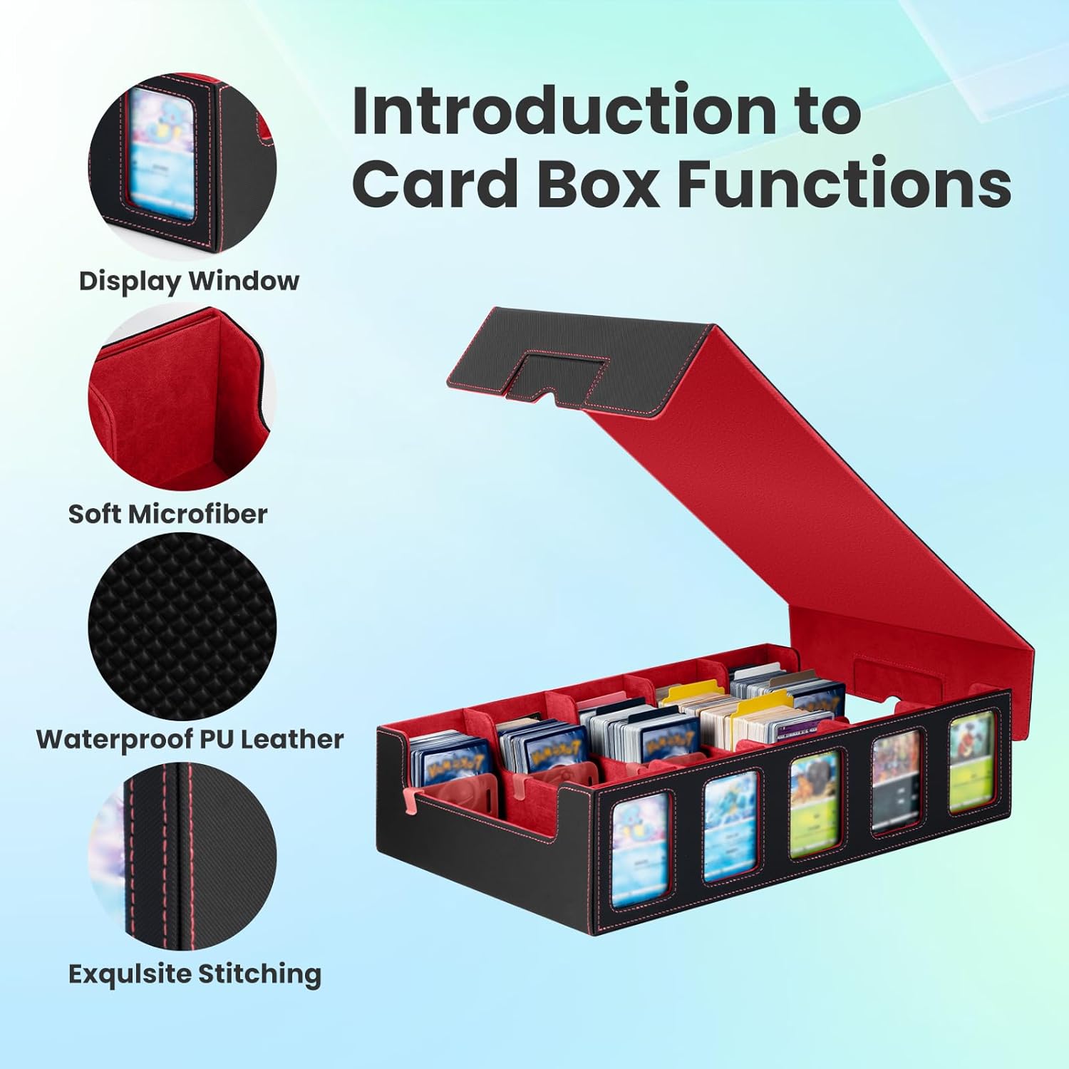 Collectible Trading Card Cases with Portable Handle, with 48 Colorful Divider Tabs&4 card supporters,5 card holders, one bag,PU Leather Commander Card Deck CaseforMTG Game Cards ( 5Rows-Black & Red)
