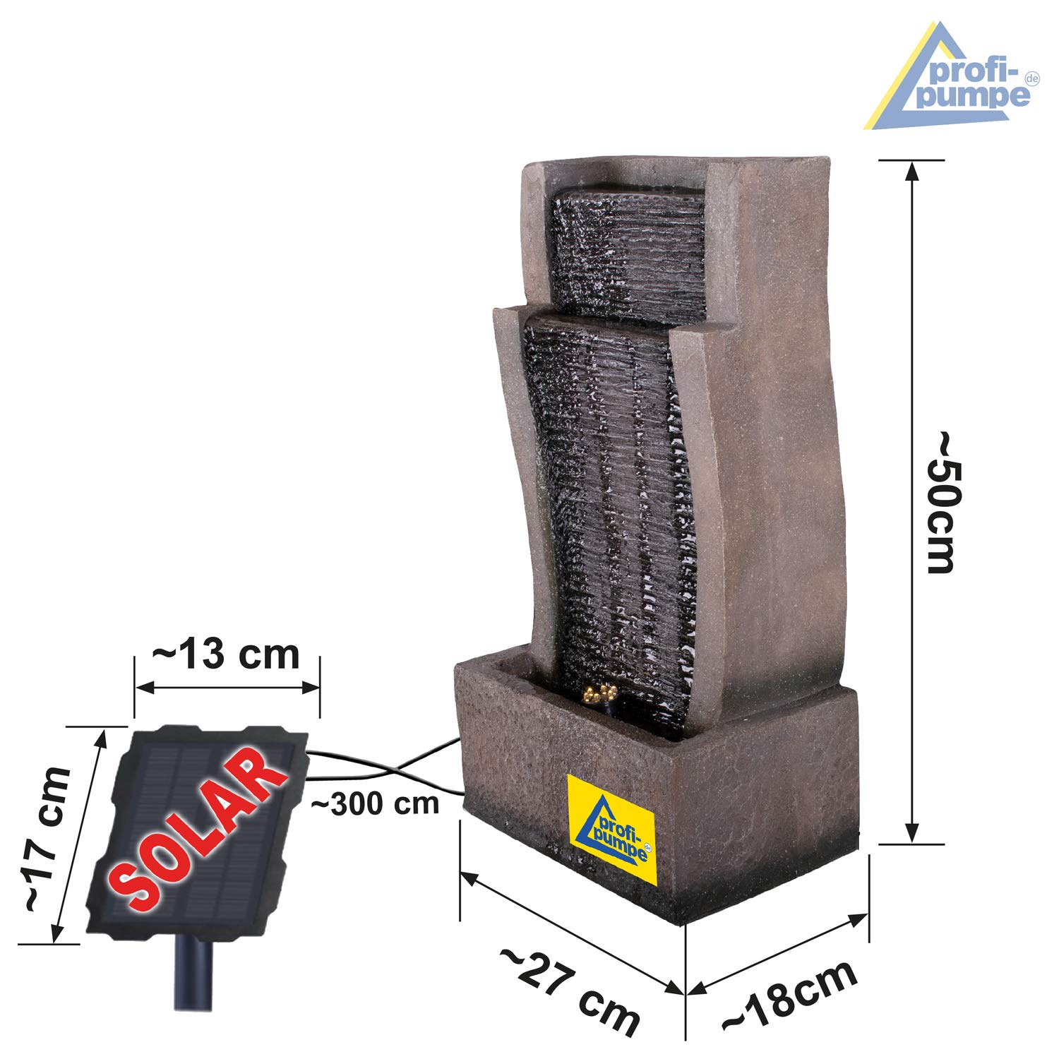 Fontana da giardino a energia solare, fontana decorativa a cascata, lampada da giardino, pompa per laghetto, per terrazza, balcone, con pompe, con batteria agli ioni di litio e luce LED (RHEIN-Gold)