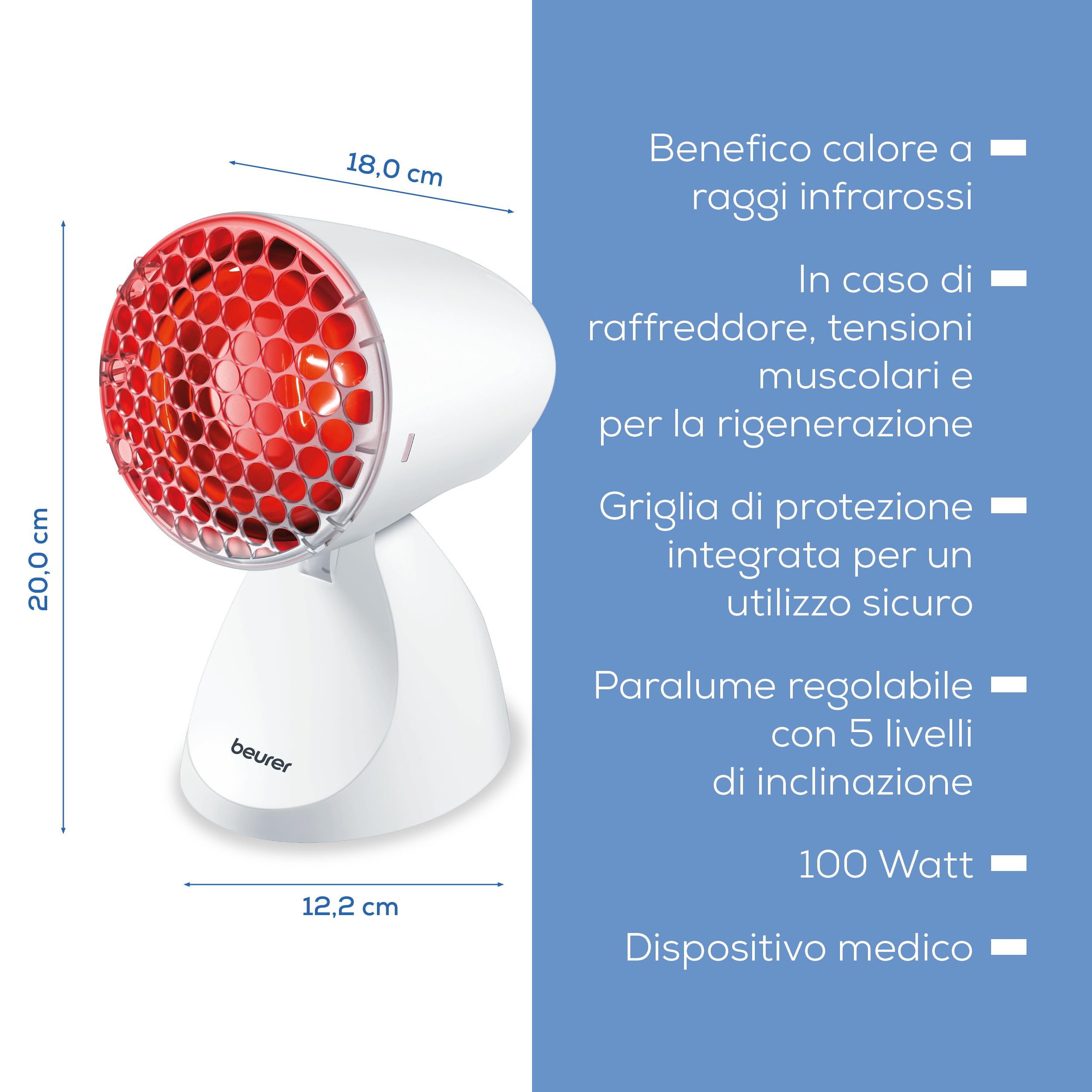 Beurer IL 11 Lampada a Infrarossi 100W – Terapia del Calore per Raffreddore, Dolori Muscolari e skincare – 5 Inclinazioni, Griglia di Protezione, Occhiali di Sicurezza Inclusi – Dispositivo Medico
