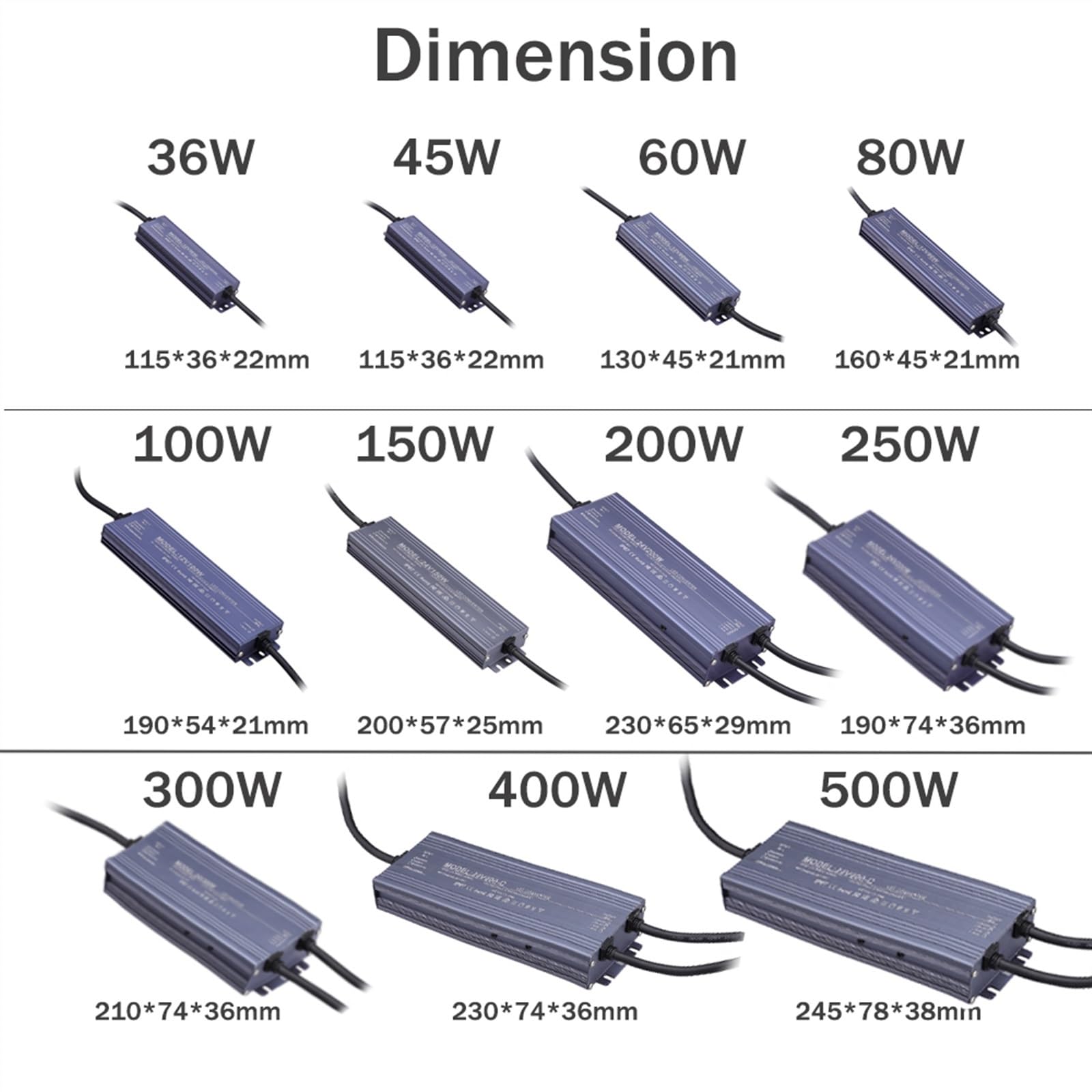 Alimentation à découpage AC 170V-265V à DC 12V 24V 36W 200W 400W 500W, transformateur de lumière LED extérieur, étanche IP67(24V_36W)
