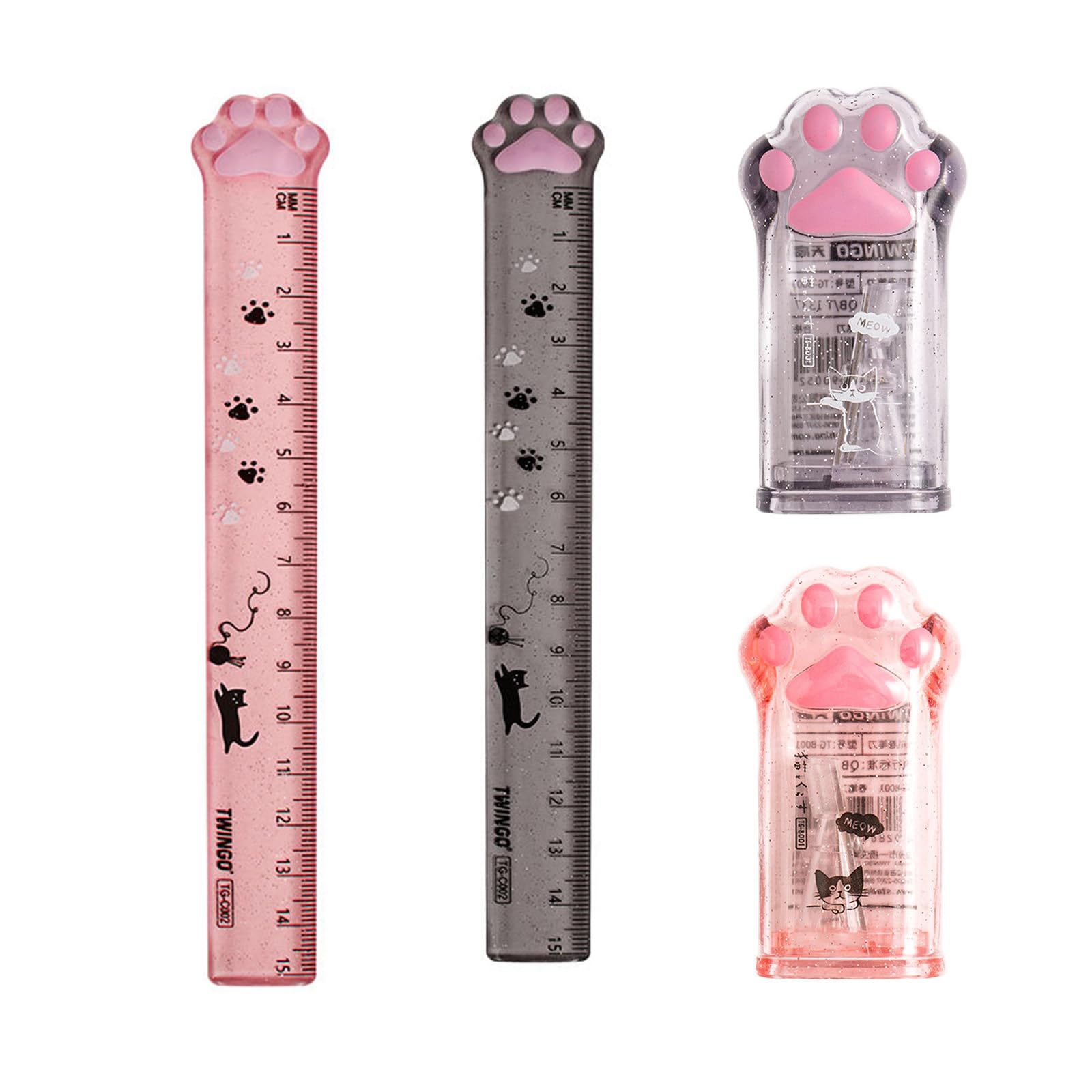 4Pcs Cat Paw Pencil Sharpener and Rulers, Cute Cat Paw Shaped Stationery Set, Kawaii School Supplies for Cat Lovers Kids Office School Home Use ()