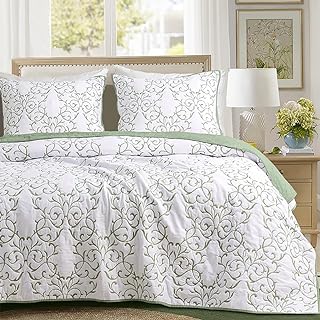 Quilt King Size Reversible 3-Piece Light Green Embroidery Pattern Elegant King Size Bedspread Coverlet Set, (1 Quilt,2 Pillow Shams)