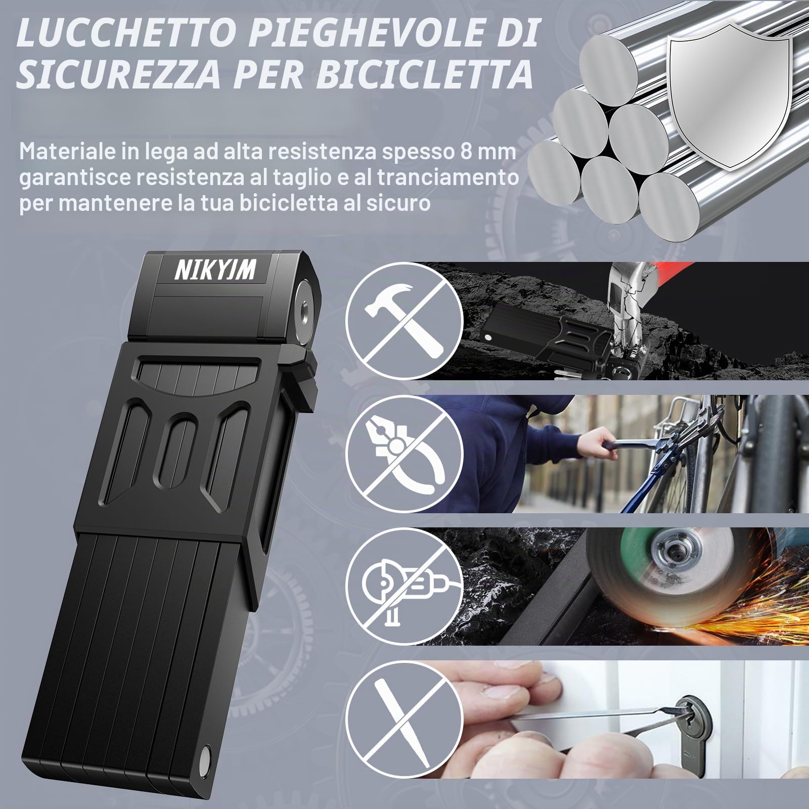 Lucchetto Bici,130 cm 8 Nodi Lucchetto Bicicletta Antifurto Pieghevole Portatile Catena Bici con Supporto e Accessori,per Bicicletta, Moto