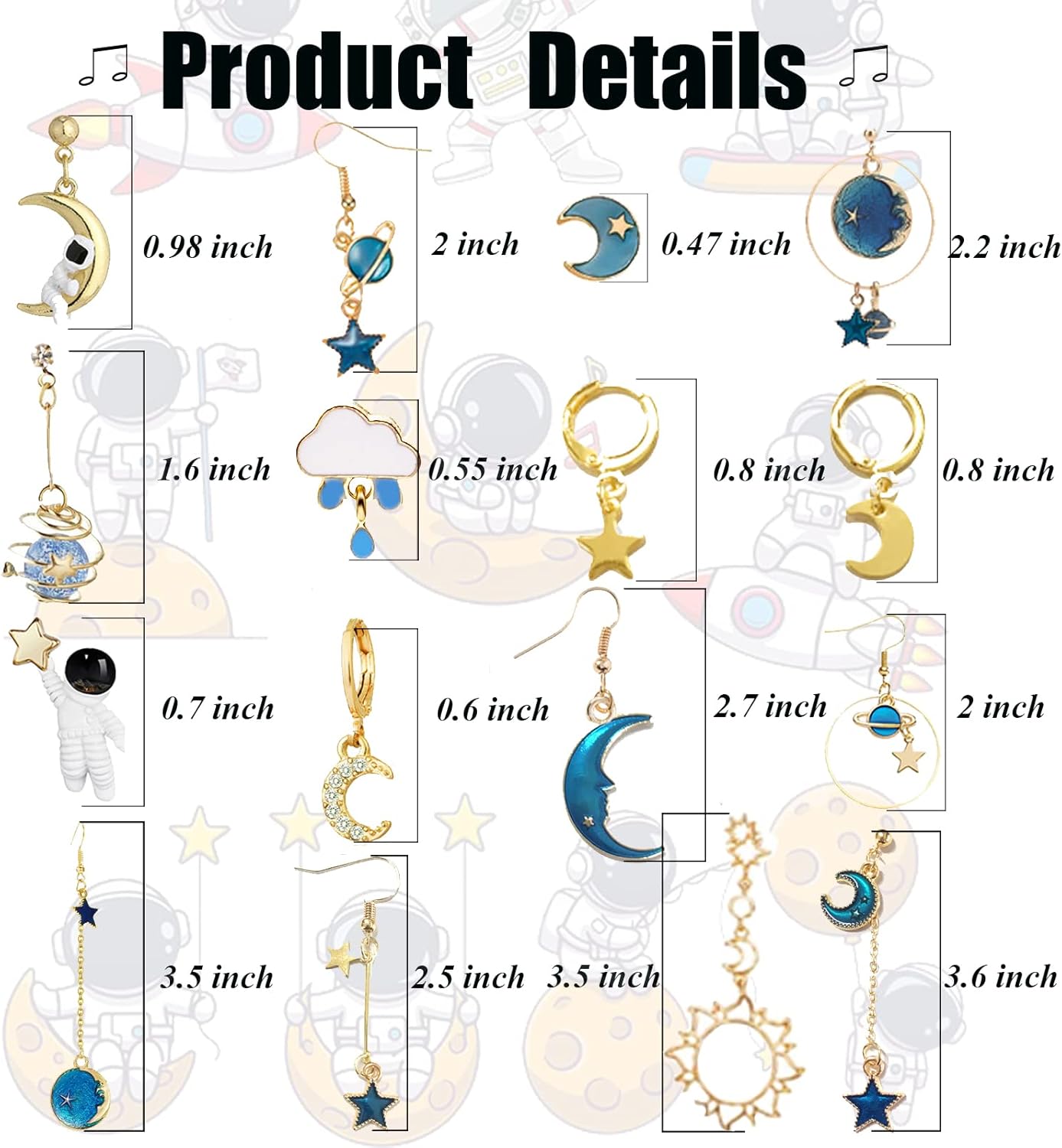 16 Pairs Moon Star Earrings for Women Dangle Earth Planet Asymmetrical Drop Earrings Astronaut Spaceman Stud Earrings Jewelry - Image 2