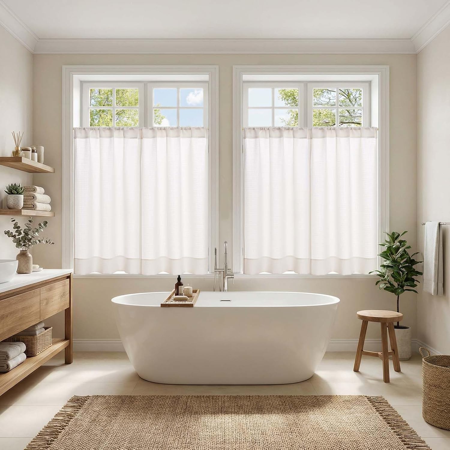 jinchan White Kitchen Curtains 36 Inch Length Textured Short Cafe Curtains Farmhouse Window Treatment Tiers for Bathroom Laundry Room Small Window Light Filtering Rod Pocket 4 Panels