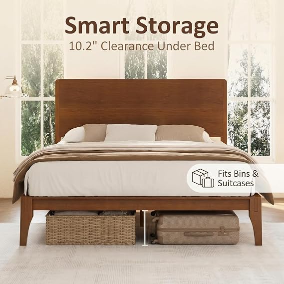 Queen Size Bamboo Platform Bed, Mid-Century Modern Brown Bed Frame