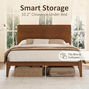 Queen Size Bamboo Platform Bed, Mid-Century Modern Brown Bed Frame