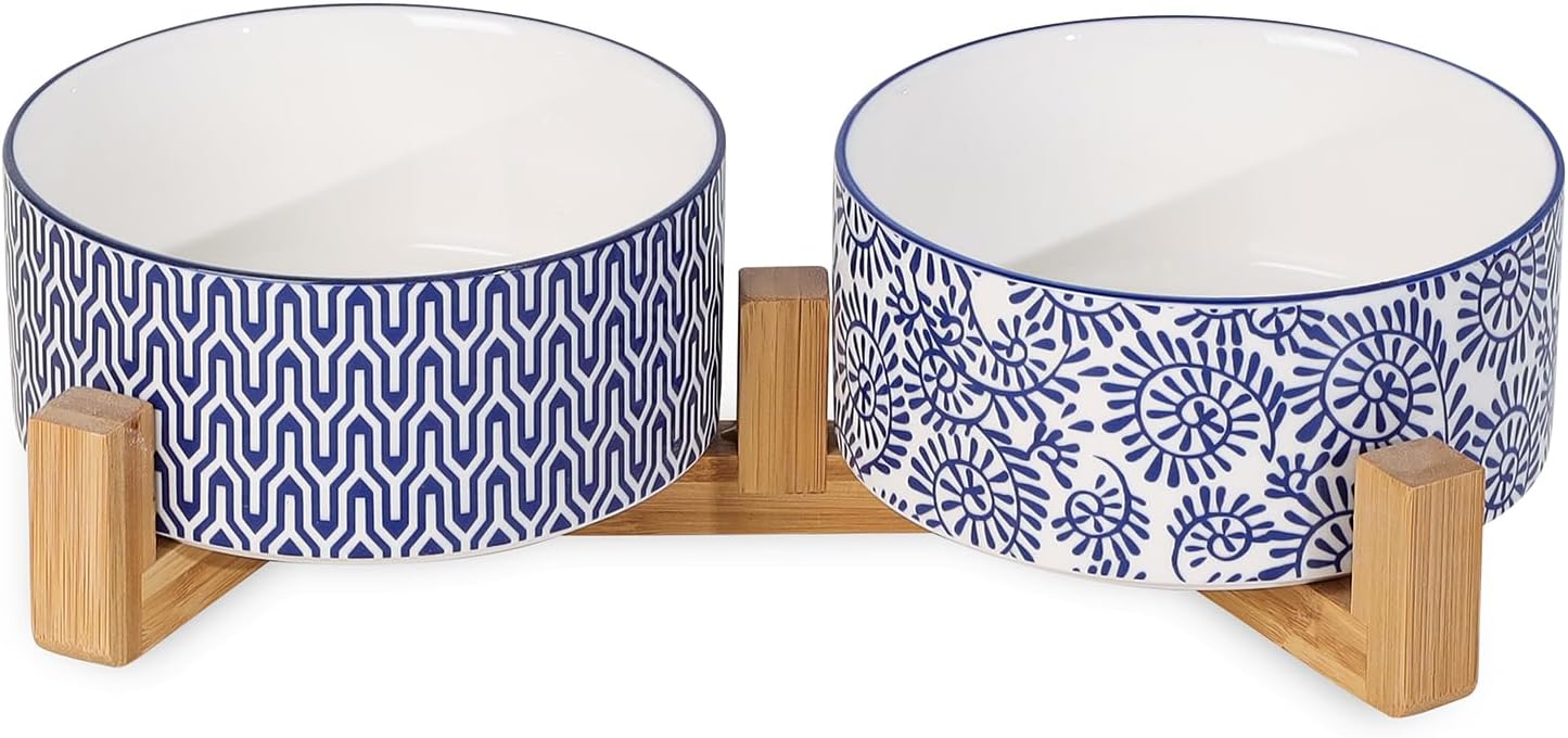 Selamica Ceramic 30 OZ Dog Bowls, Dog Food and Water Bowls with Wooden Stand, Anti-Slip Dogs Dishes Set for Cats Small & Medium Sized Dogs, Weighted Pet Bowls Set of 2, Vintage Blue B