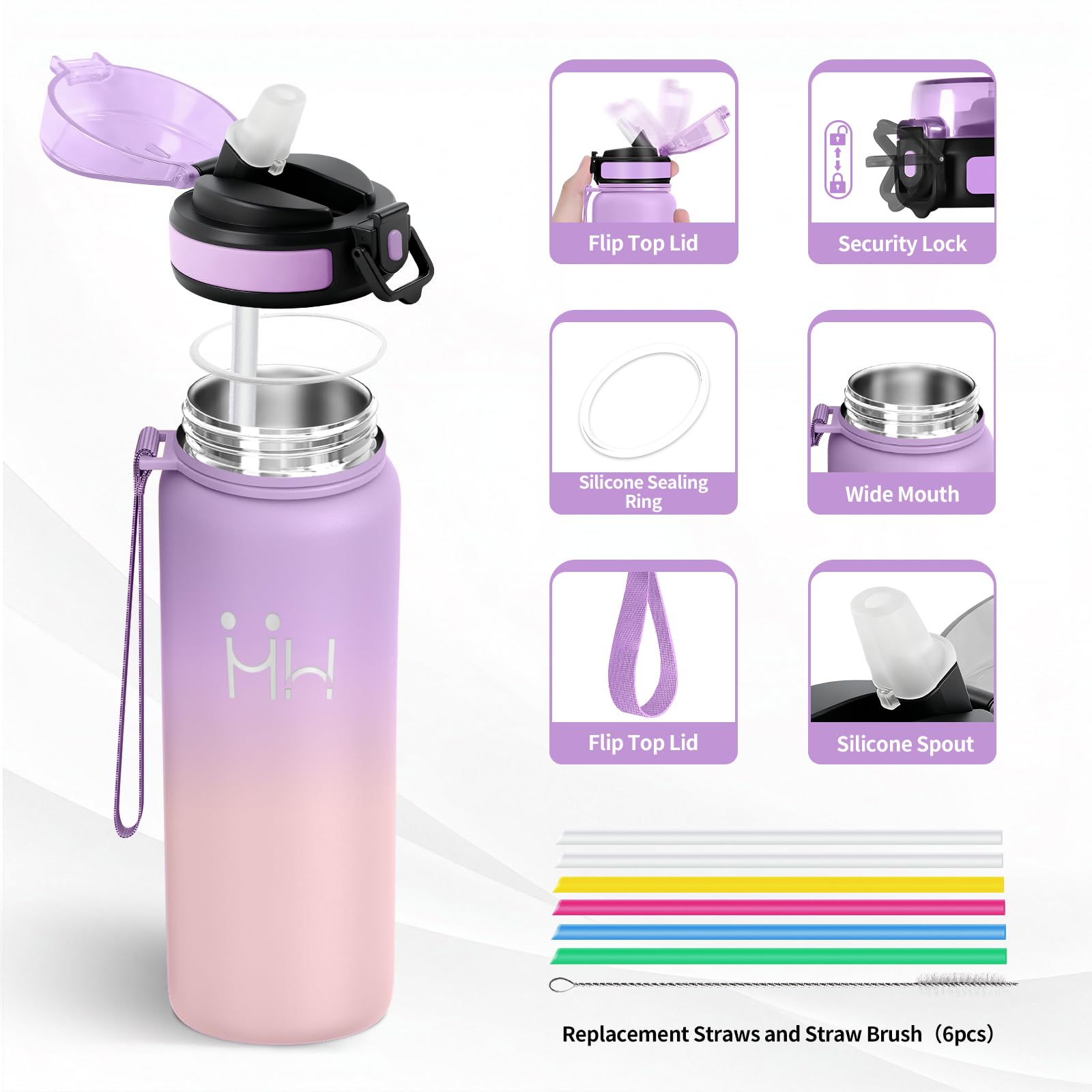 Borraccia Acciaio Inox 750ml, Borraccia Termica con Cannuccia, senza BPA, Bottiglia Acqua a Prova di Perdite, senza BPA, Borracce Termiche per Scuola, Gimnasio, Sport, Ciclismo - 3