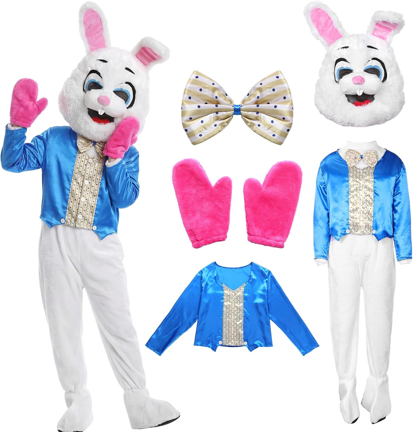 Easter Bunny Costume Adult Mascot Rabbit Suit with Head, Deluxe White Jumpsuit for Easter Events (One Size)
