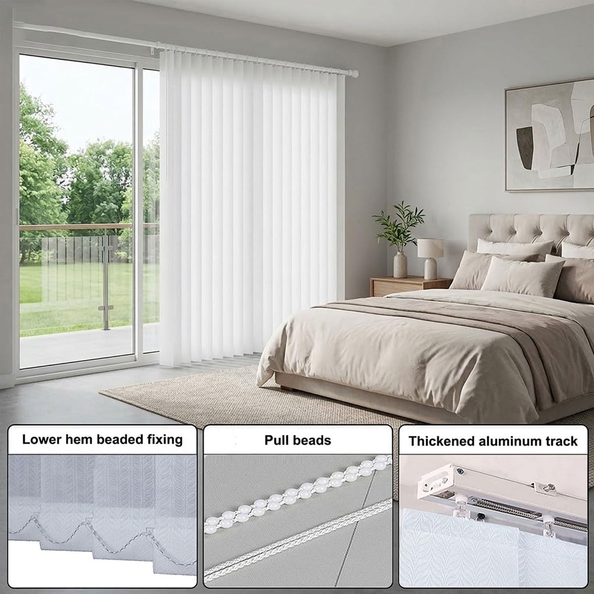 Vertical Window Patio Blinds, Fabric Vertical Shades for Sliding Glass Doors, Black Out Door Shades, Cordless Window Blinds for Room Divider, Large Window(White)