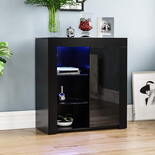 Vida Designs Azura 1 Door Modern LED Sideboard in Black, RGB Lights (Fade/Strobe Options Included), High Gloss