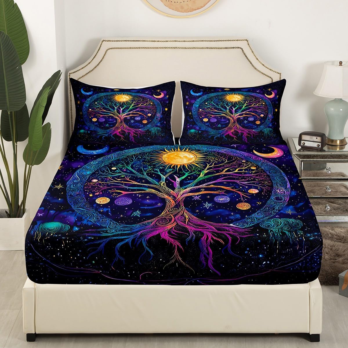 Tree of Life Fitted Sheet Full 3 Pcs,Sun and Moon Bedding Set for Kids Teens Men,Boys Girls Glitter Galaxy Sky Bed Sheet (No Top Sheet),Bohemian Art Aesthetic Deep Pocket Sheett,2 Pillowcases