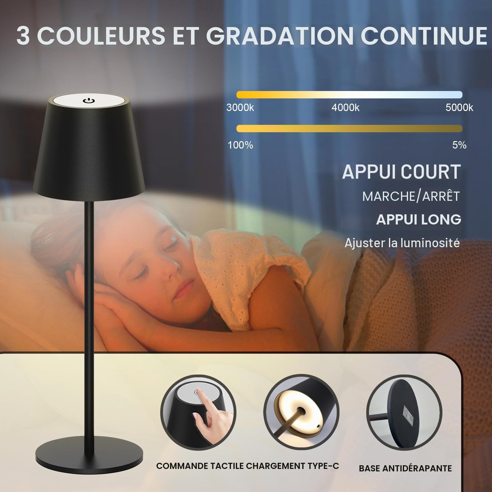 ANTELA Lampe de Table Sans Fil Rechargeable 3000K/4000K/5000K Blanc Chaud/Froid Dimmable LED Intérieur Extérieur pour Table de Repas Balcon Jardin Terrasse, Noir, 2PCs