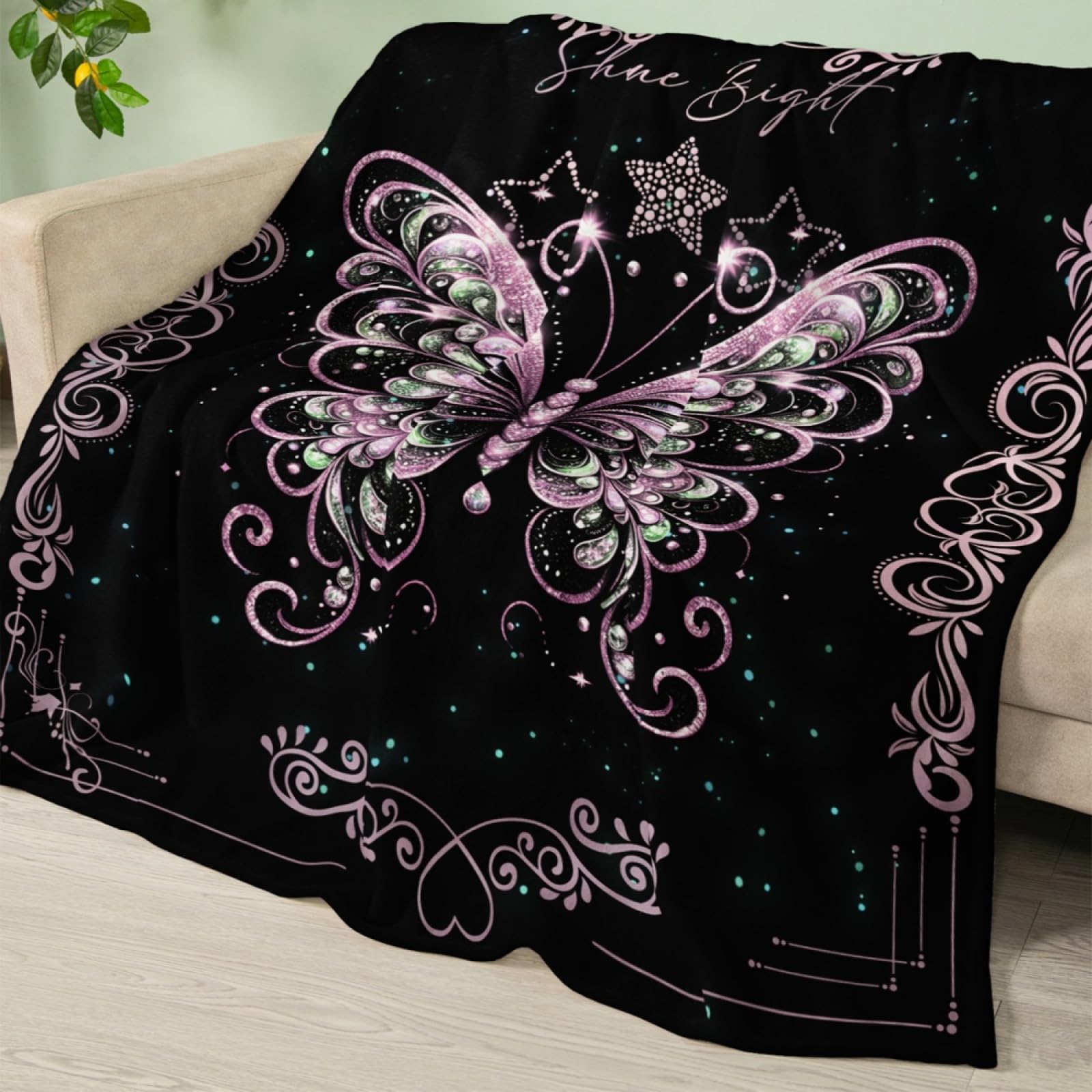 Plaid étoile papillon rose 220x240cm lavable pour canapé et lit enfant