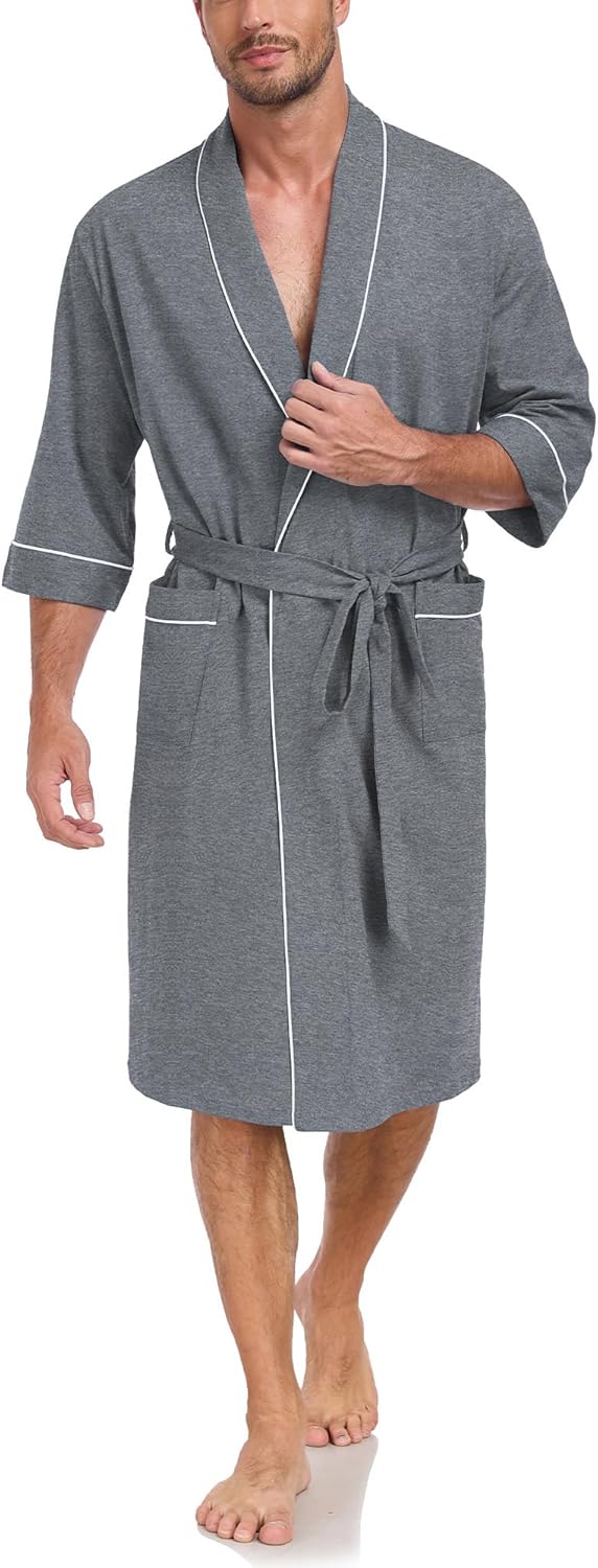 COLORFULLEAF 100% Cotton Men's Bathrobes for Summer Comfort Lightweight Breathable Short Sleeve Kimono Robe with pockets
