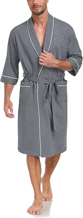 COLORFULLEAF 100% Cotton Mens Summer Bathrobe Lightweight & Breathable Short Sleeve Kimono Robe with Pockets
