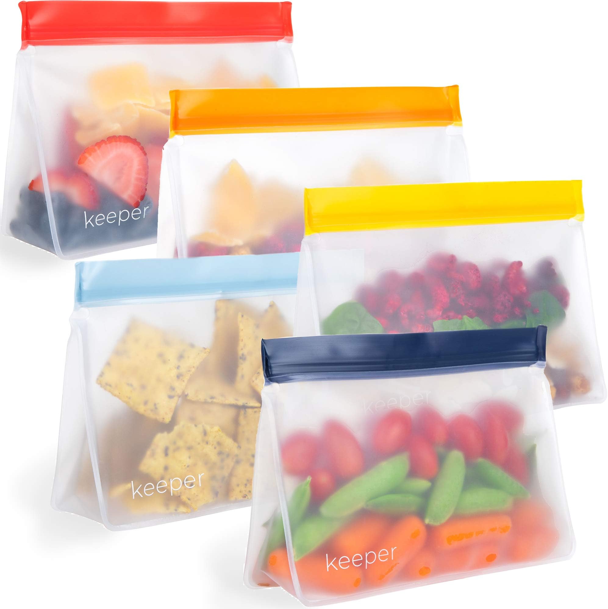 Keeper Reusable Snack Bags (Set of 5, 32 oz) - Reusable Sandwich Bags for Kids Are Resealable Thick Reusable Ziplock Bag For Food, Lunch Storage. Freezer Safe Plastic Lunch Baggies are Hand Washable