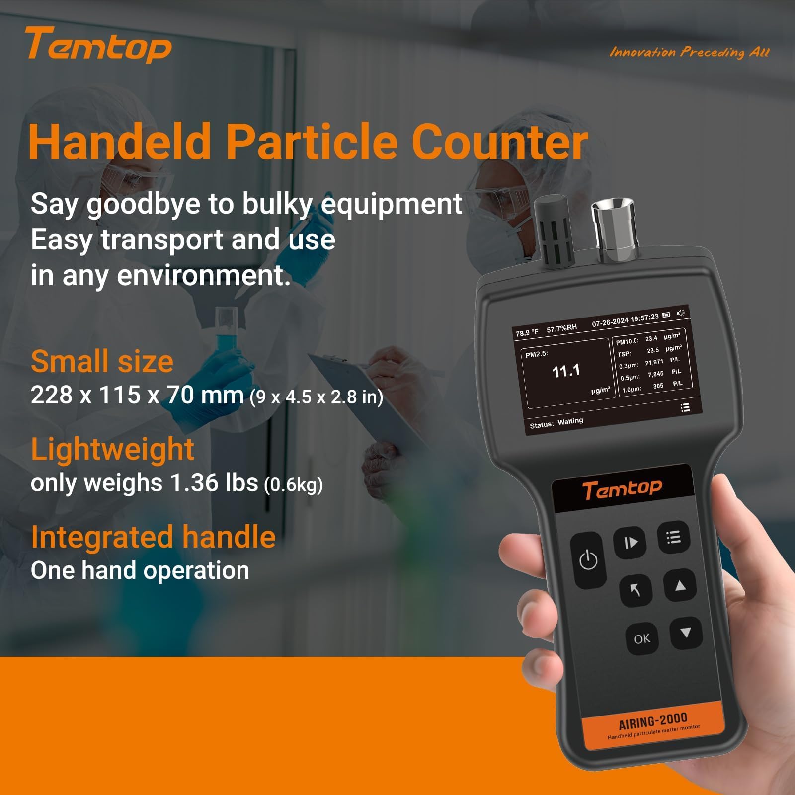Temtop Compteur de Particules PM2,5 PM10 TSP Portatif, Moniteur Triple Canal Détection en Temps Réel 0,3μm 0,5μm 5μm, Appareil de Mesure Température et Humidité Airing-2000