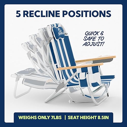 Miniatura 3 de SUN NINJA Silla de playa  Silla plegable para playa con 5 posiciones reclinables, soporte para taza y teléfono, bolsa de almacenamiento trasera
