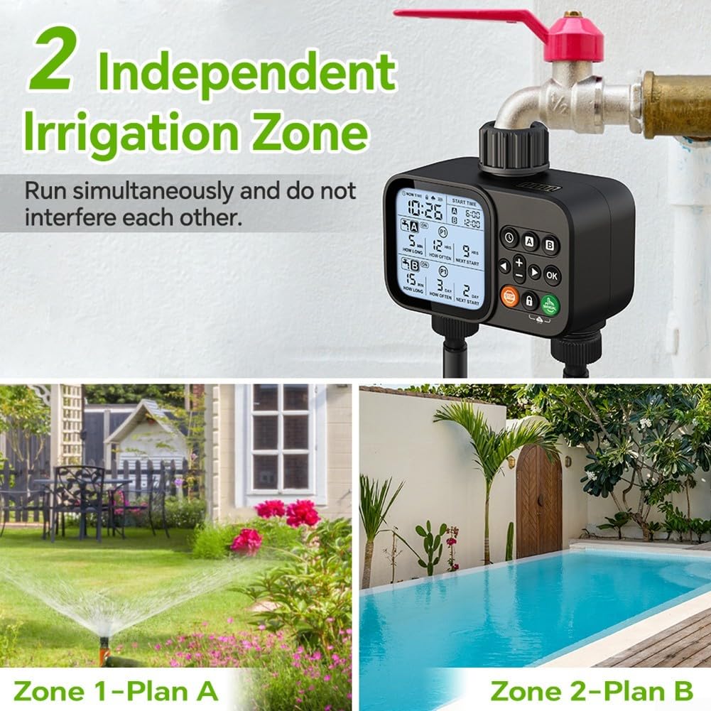 Temporizador inteligente de riego de doble salida para control de riego automático y manual, temporizador programable para manguera de jardín para cuidado de plantas de césped, fácil de