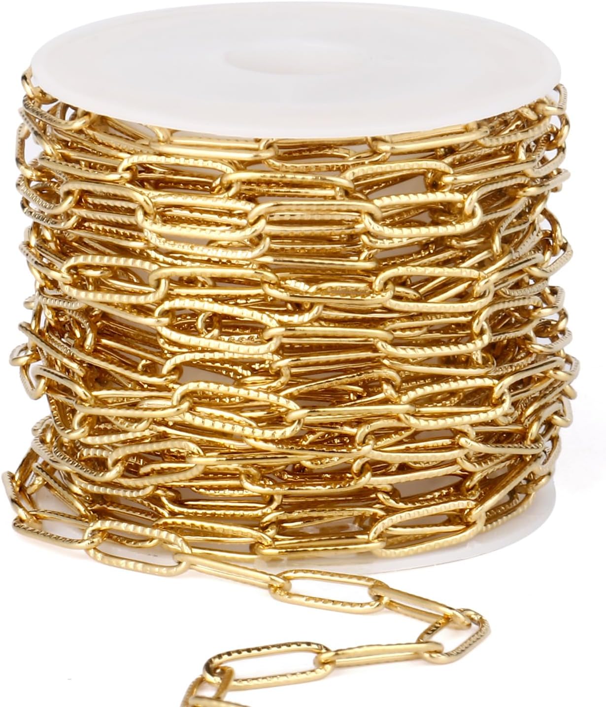 16.5FT 18K Gold Plated Paperclip Chains Roll, 4.3mm Gold Stainless Steel Textured Paperclip Link Chains Spool Bulk for Jewelry Making