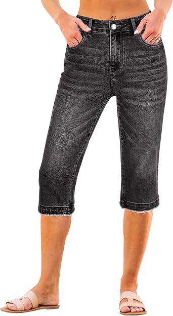 luvamia Capri Jeans for Women Trendy Mid Rise Distressed Raw Hem Casual Summer Stretchy Denim Capris Pants Relaxed Fit