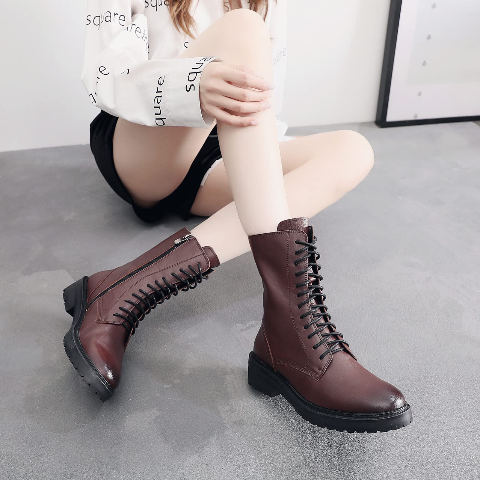 rismart Mujer Botas Militar Moteras Cuero Media pierna Invierno Guay Botines