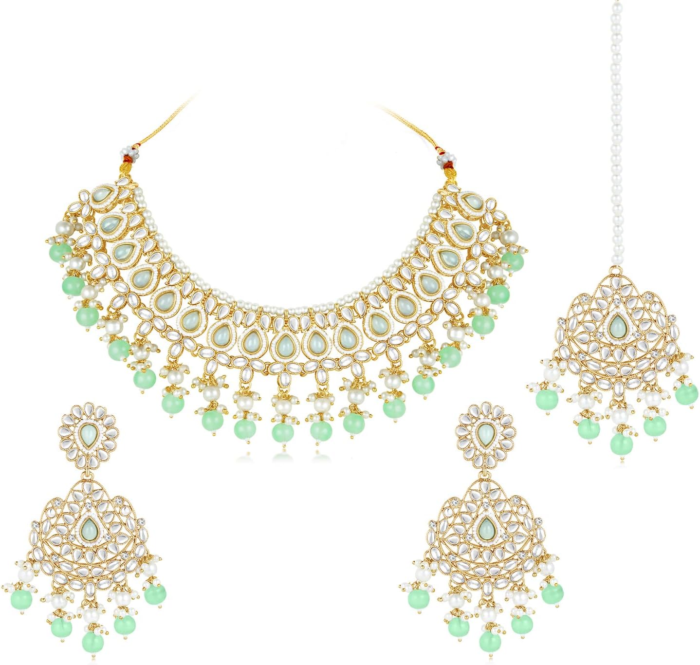 Aheli Silver Plated Kundan & Mint Beads Studded Choker Necklace Dangle Earrings & Maangtikka Set Ethnic Jewellery Gift for Women