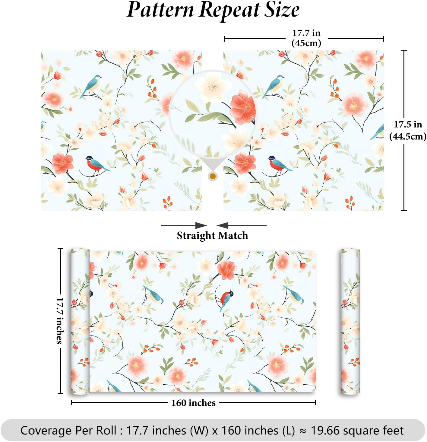 Blue Bird Floral Wallpaper Stick and Peel Vintage Floral Contact Paper for Cabinets Living Room 17.7"x160" Removable Self Adhesive Bird Contact Paper Light Blue Flower Wall Mural for Bedroom