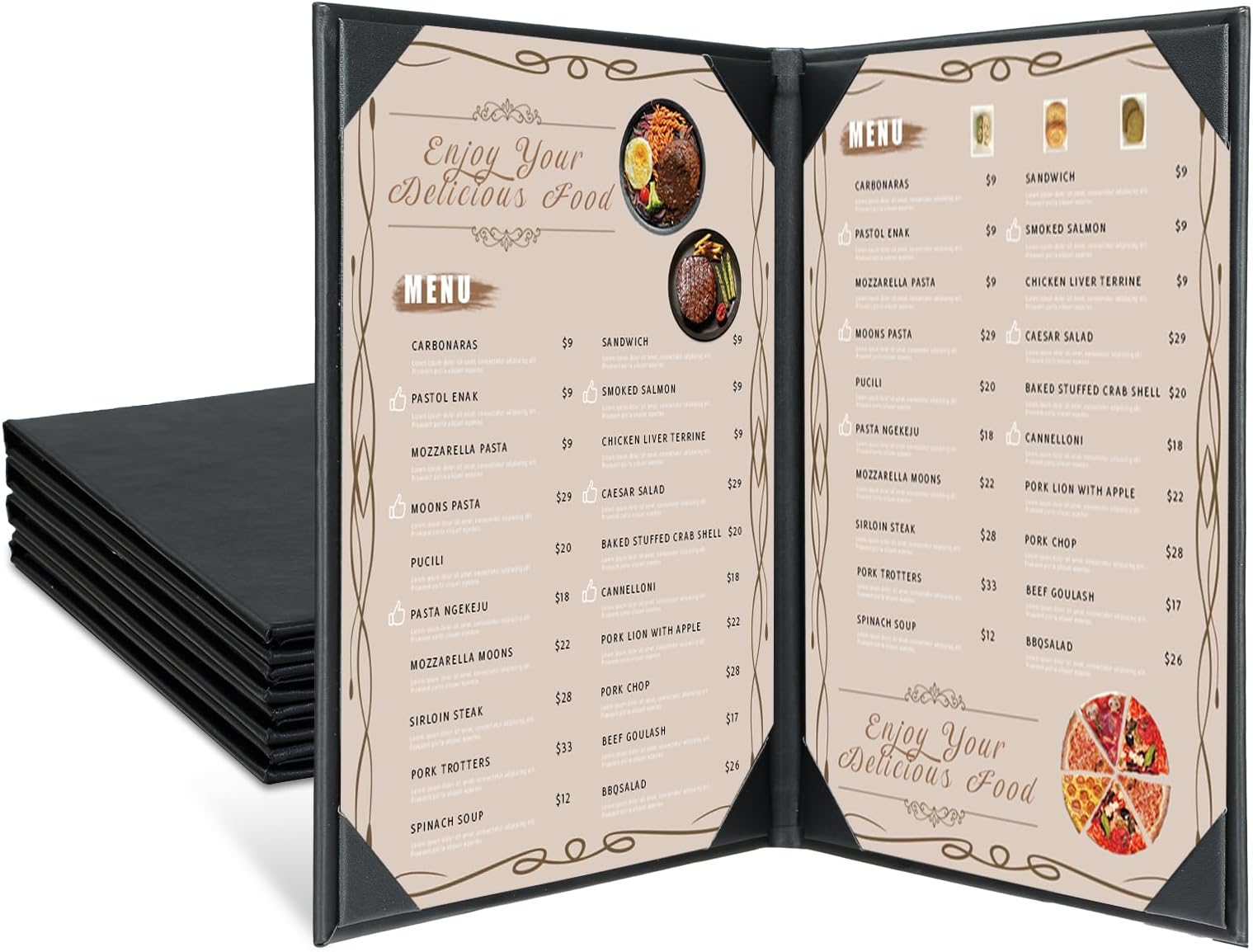 Menu Covers 8.5" x 11" – 5 Pack 2 View Black PU Leather Restaurant Menu Holders, Double Panel with Angled Corners for Food Menus, Wine Lists & Drink Specials & Cocktail, Perfect for Parties