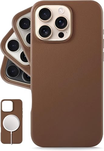 LONLI Classic - Leather Case for iPhone 16 Pro Max - European Genuine Vele Leather, Phone Case, Smoothen and Soften Over Time - Dark Saddle Brown