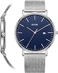 BUREI Ultra Thin Minimalist Men Watch,Analog Waterproof Casual Business Wristwatch，Brown Black Leather Watches