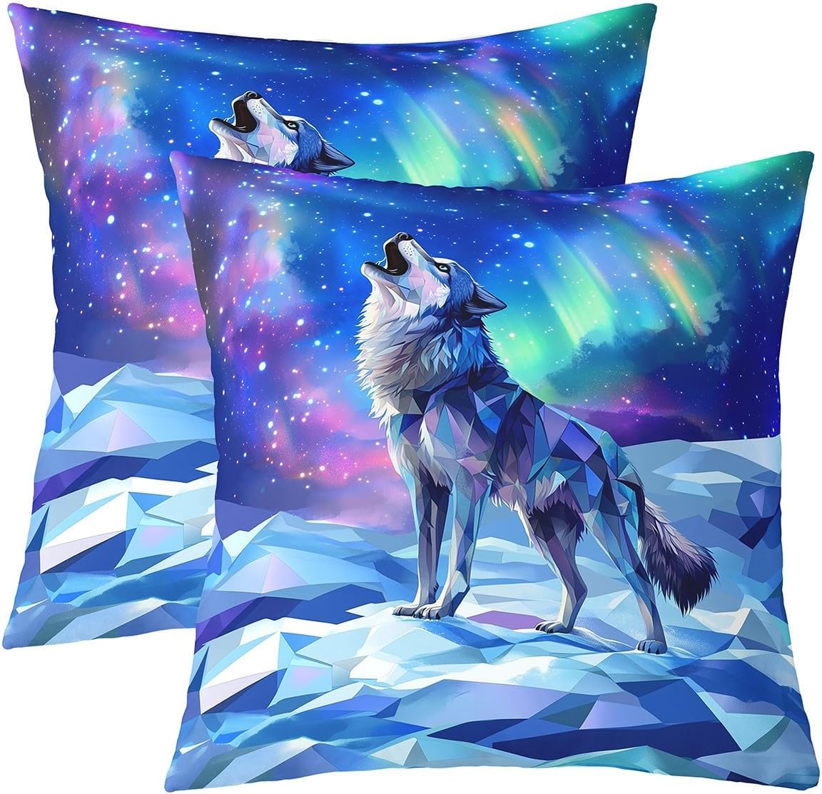 Erosebridal Wolf Cushion Covers,Aurora Starry Sky Stars Galaxy Decorative Accent Pillow Cases,Natural Iceberg Pillow Covers,Wildlife Safari Animals Print Throw Pillow Covers Set of 2,Blue,22X22 Inch