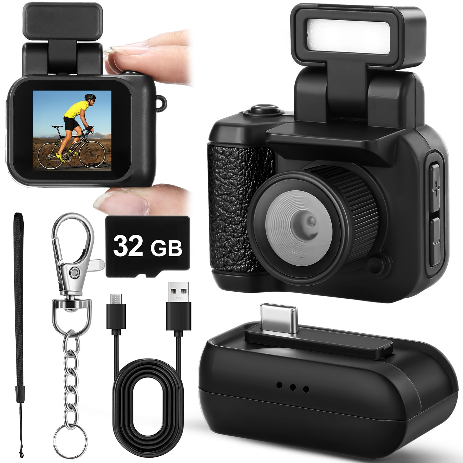 Mini Digital Camera Keychain with Flash Light 1080p Tiny Camera Mini Retro Micro Dv/Camcorder with 600 Mins Battery Life Compact Portable Recorder for Travel Study Recording(Black,32 GB)