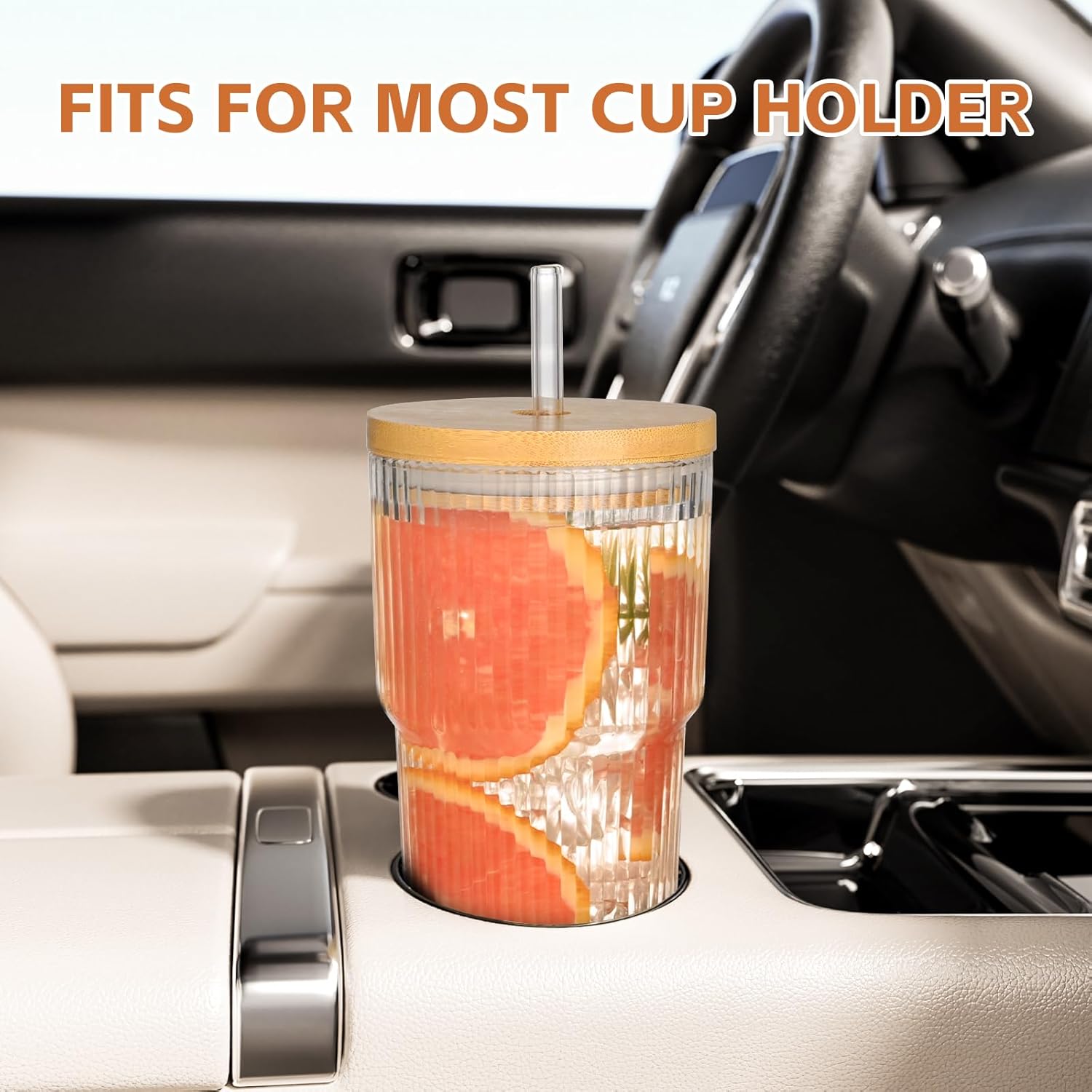 20oz Glass Cups with Lids and Straws,1PCS Ribbed Glass Coffee Cups,Iced Coffee Cups with Lid,Vintage Bamboo Tumbler for Juice,Smoothies - Image 7