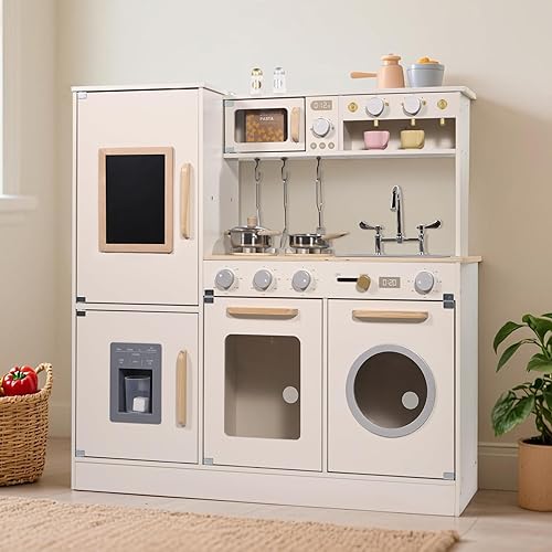 Juego de cocina de madera para niños pequeños, juego de cocina de juguete para niñas y niños, con accesorios de cocina