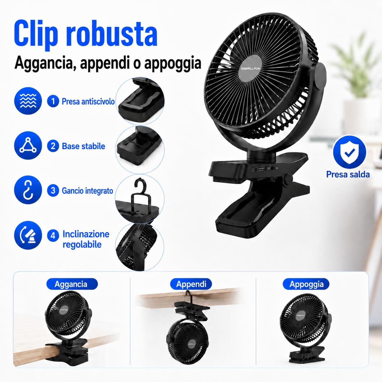 Ventilatore a batteria da 8,3 pollici, 12000 mAh, telecomando, ventilatore a clip
