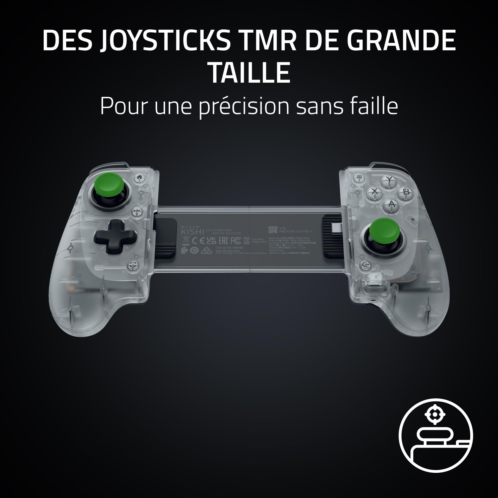 Razer Kishi V3 Phantom White - Manette Mobile Pleine Taille pour Smartphones iPhone et Android - Plug-and-Play USB-C - Sticks analogiques Anti-Drift - 12 Boutons - HD Haptics | Édition Phantom White