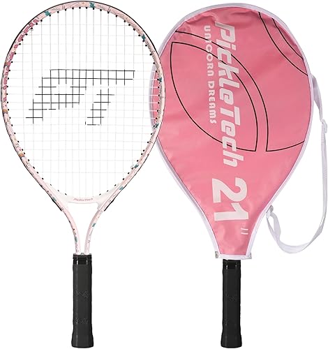 Vista 16 de Raqueta de tenis para niños y niñas de 2 a 12 años, raqueta de tenis juvenil multicolor y estilo para principiantes, incluye bolsa de nailon 420D