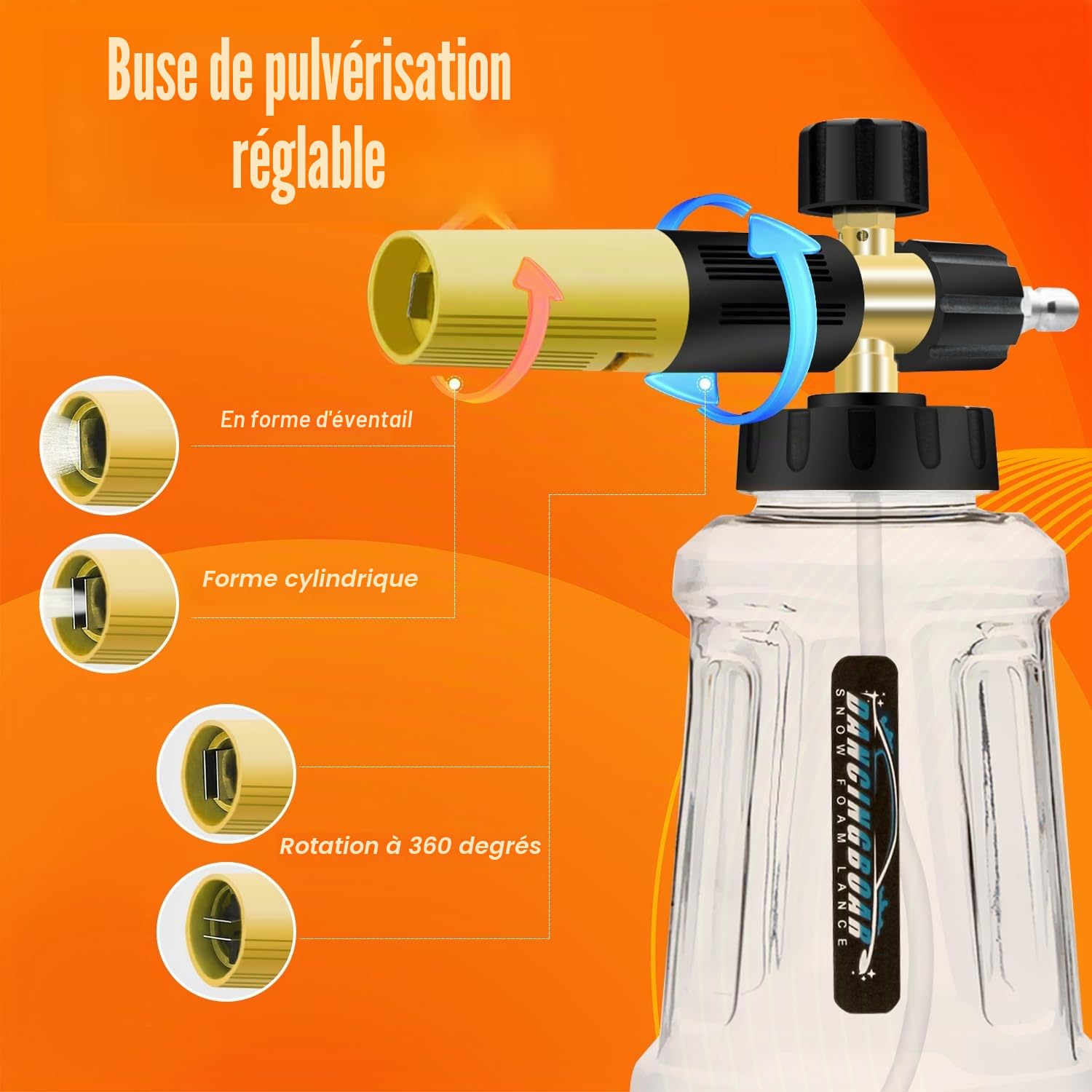 Canon a mousse amélioré pour nettoyeur haute pression 1/4 à dégagement rapide, 1L Canon à mousse Distributeur de savon avec buse de pulvérisation réglable de nouvelle génération (noir et jaune)