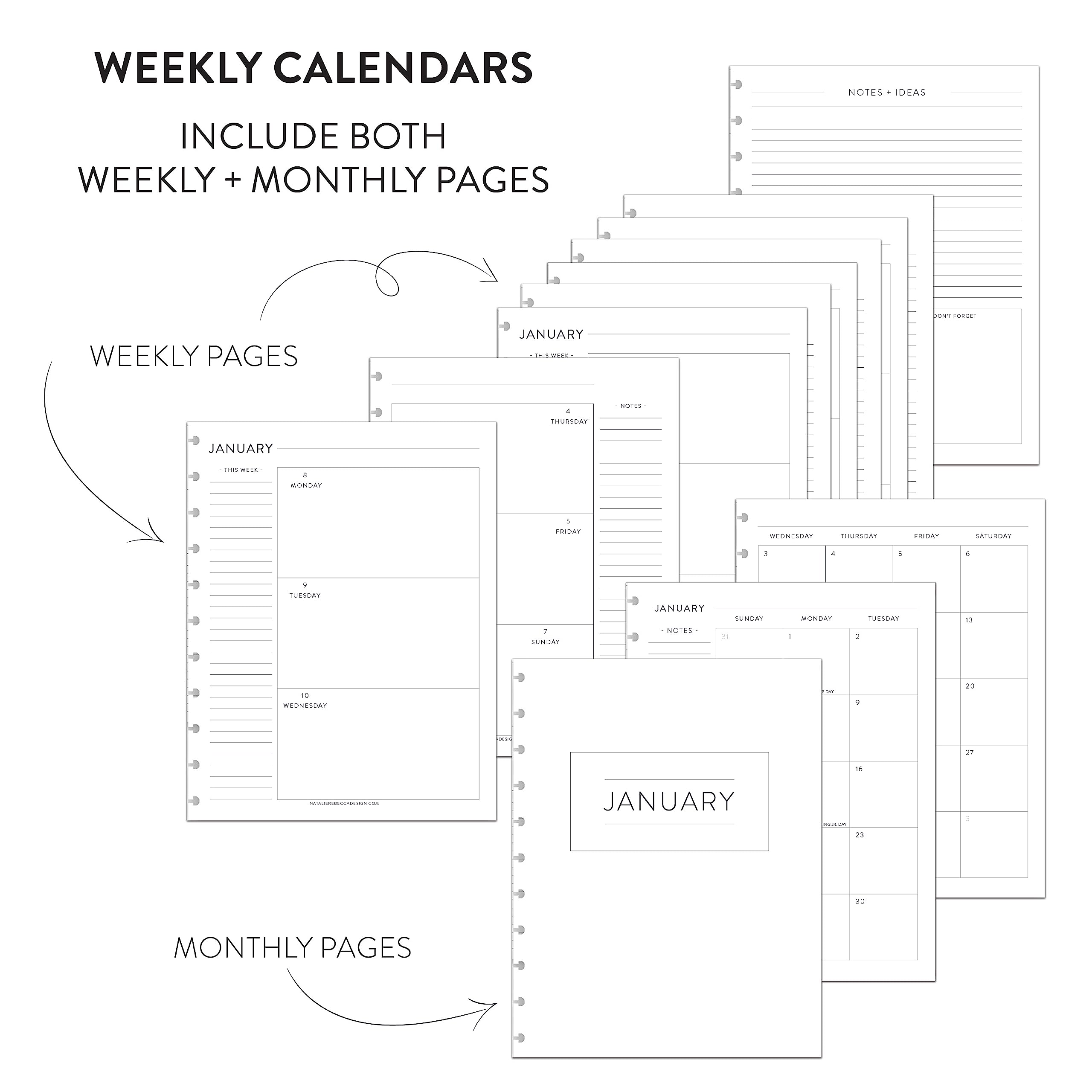 BetterNote - Ricarica per calendario accademico orizzontale da luglio 2026 a giugno 2027 per quaderni rilegati a disco, compatibile con Levenger Circa, Arc, Happy Planner, TUL, Inkwell Press, Whimsy