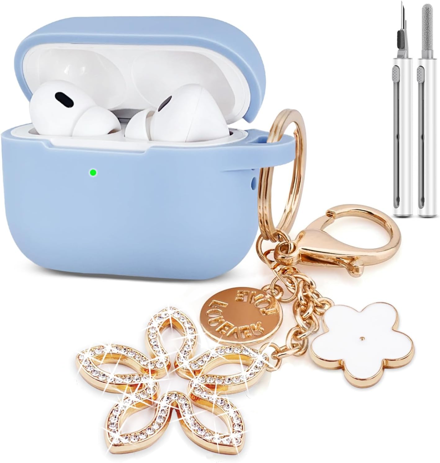 Compatible with AirPods Pro 2nd Generation Case with Cleaner Kit, Silicone Protective Case for Apple AirPod Pro 2nd/1st Earbuds Wireless Charging Cases with Girl Bling Keychain (Gray Blue)