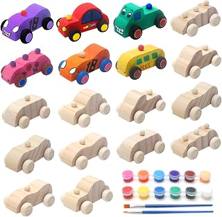 HuaQue Wooden Cars to Paint for Kids, Come with 18pcs Unfinished Wooden Toy Cars and 1 Set Paint Colors for Kids to Paint