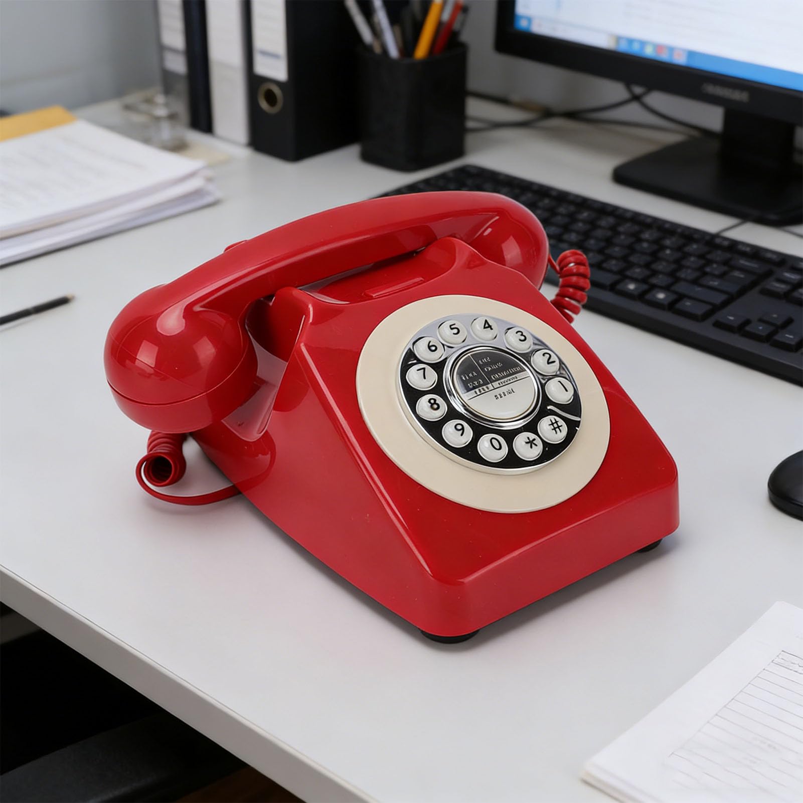 VBESTLIFE Teléfono Fijo Retro, Teléfono Residencial Clásico Vintage con Cable con Función de Rellamada, Conector RJ11, para Oficina en Casa (Rojo)