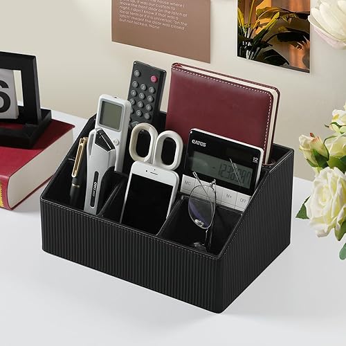 Miniatura 6 de Soporte de control remoto con 5 compartimentos para suministros de arte de oficina, organizador de mesita de noche de piel sintética, organizador de