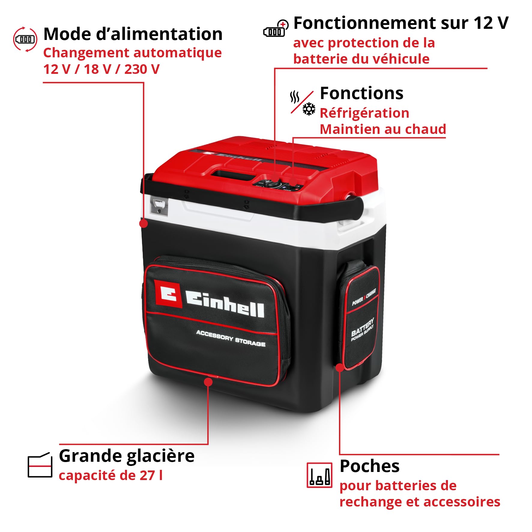 Einhell Glacière portable sans fil TE-COL 18/27 Li-Solo Power X-Change (18 V, 27 l, refroidit et maintient au chaud, mode hybride 12 V pour la voiture et 230 V sur secteur, avec poches, sans batterie)