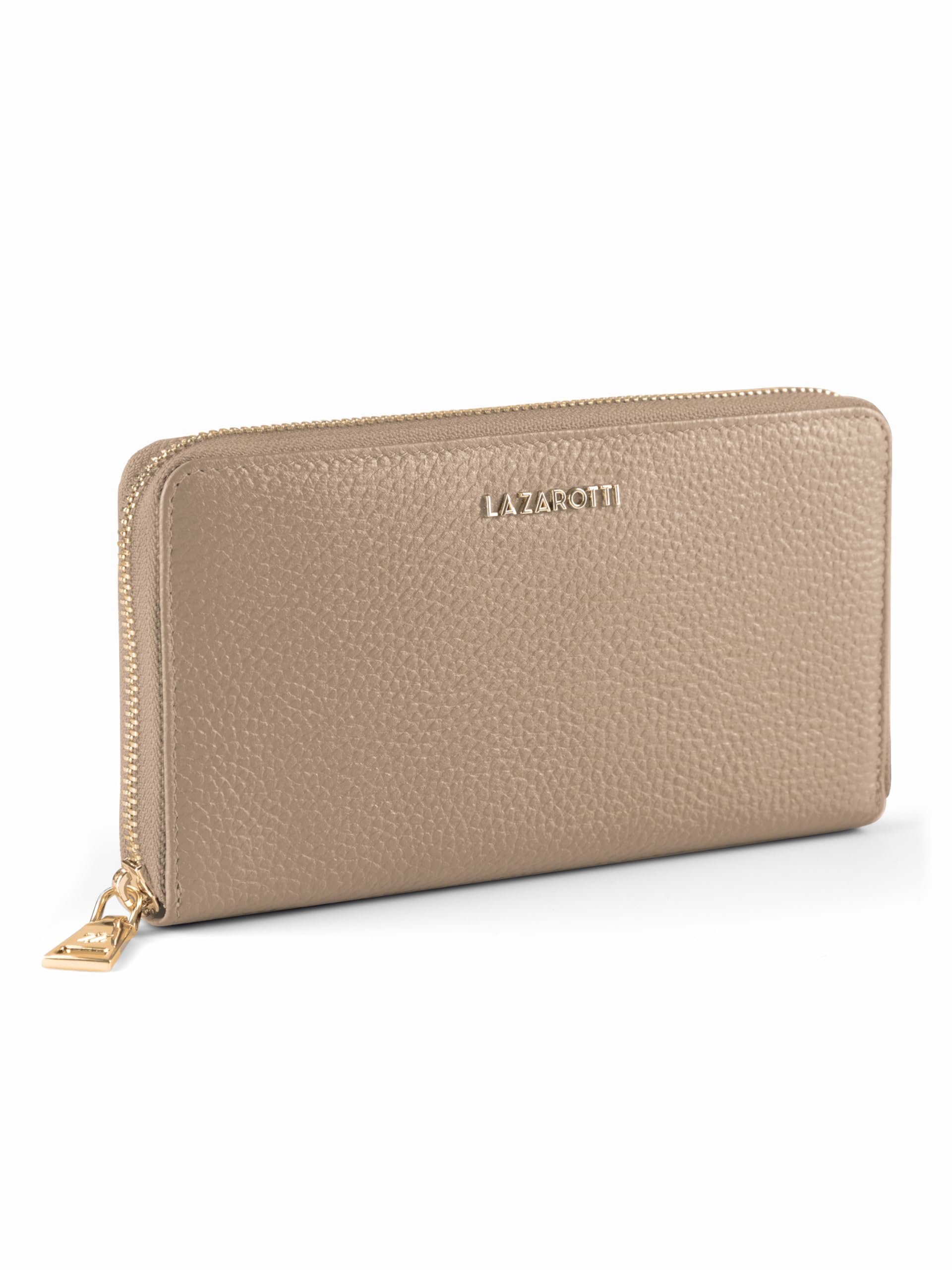 Lazarotti Bolonia - Cartera Grande de Piel para Mujer, Bolsillo Grande con Cremallera, 16 Ranuras para Tarjetas, Monedero, protección RFID, 19 x 4 x 10 cm, Arena, Talla única, Clásico