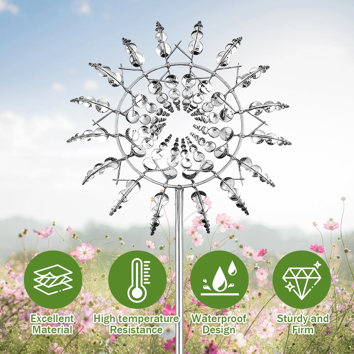 Mulino a Vento in Metallo, Girandola a Vento da Giardino Unico e Magico, 3D Scultura Cinetica Mulino a Vento per Giardino, Terrazza, Prato, Decorazione (Silver)