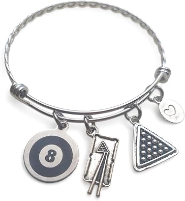 Billiards Charm Bracelet Shoot Pool Player 8 Ball Braided Stainless Steel Expandable Bangle